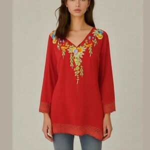 Anandas Collection Red Embroidered Short Dress - Size Medium